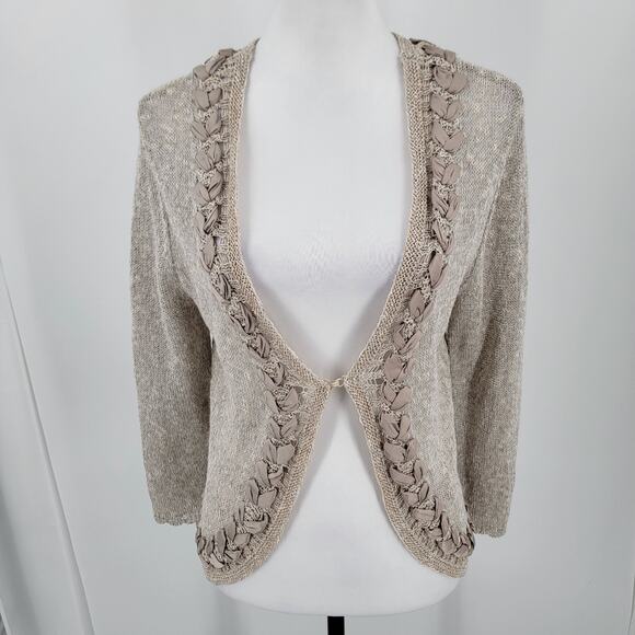 Coldwater Creek Cardigan Womens Small Beige Linen Blend Ribbon Detail Open Knit - Picture 3 of 11